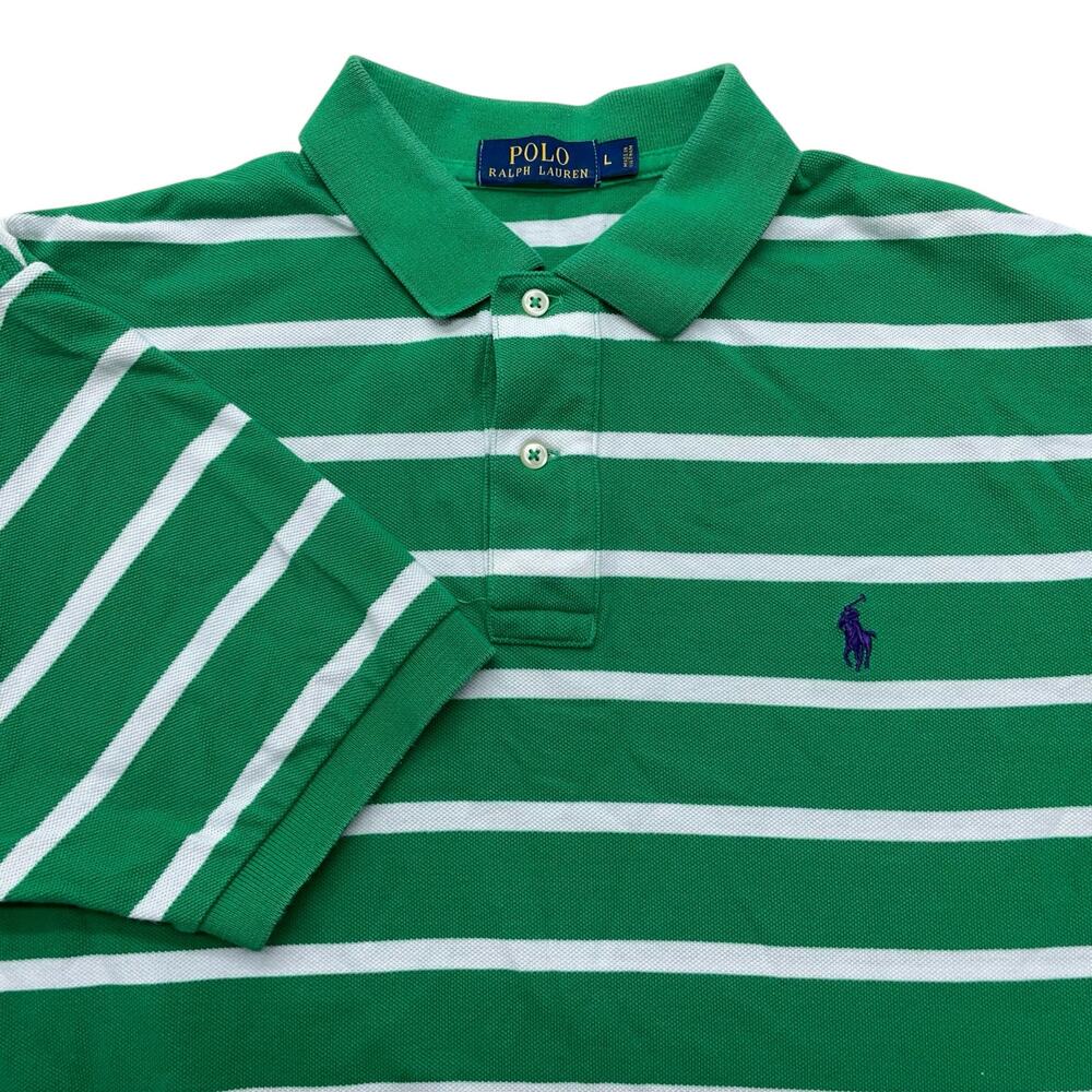 Polo Ralph Lauren Mens Large Cotton Striped Green White Polo Shirt